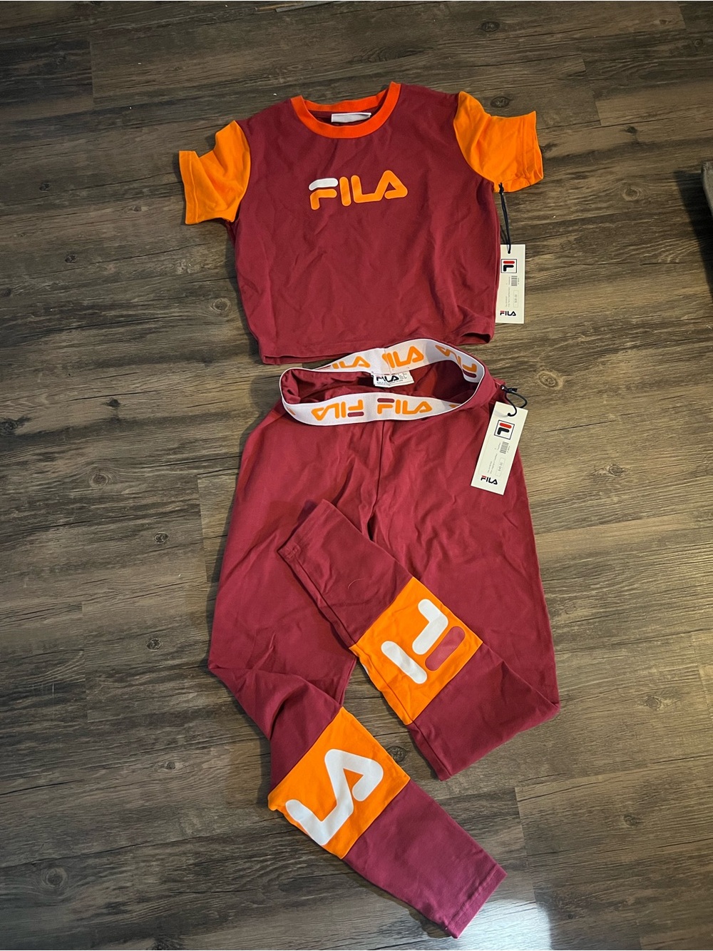FILA Burgundy and Orange Logo Crop Top & Legging Set